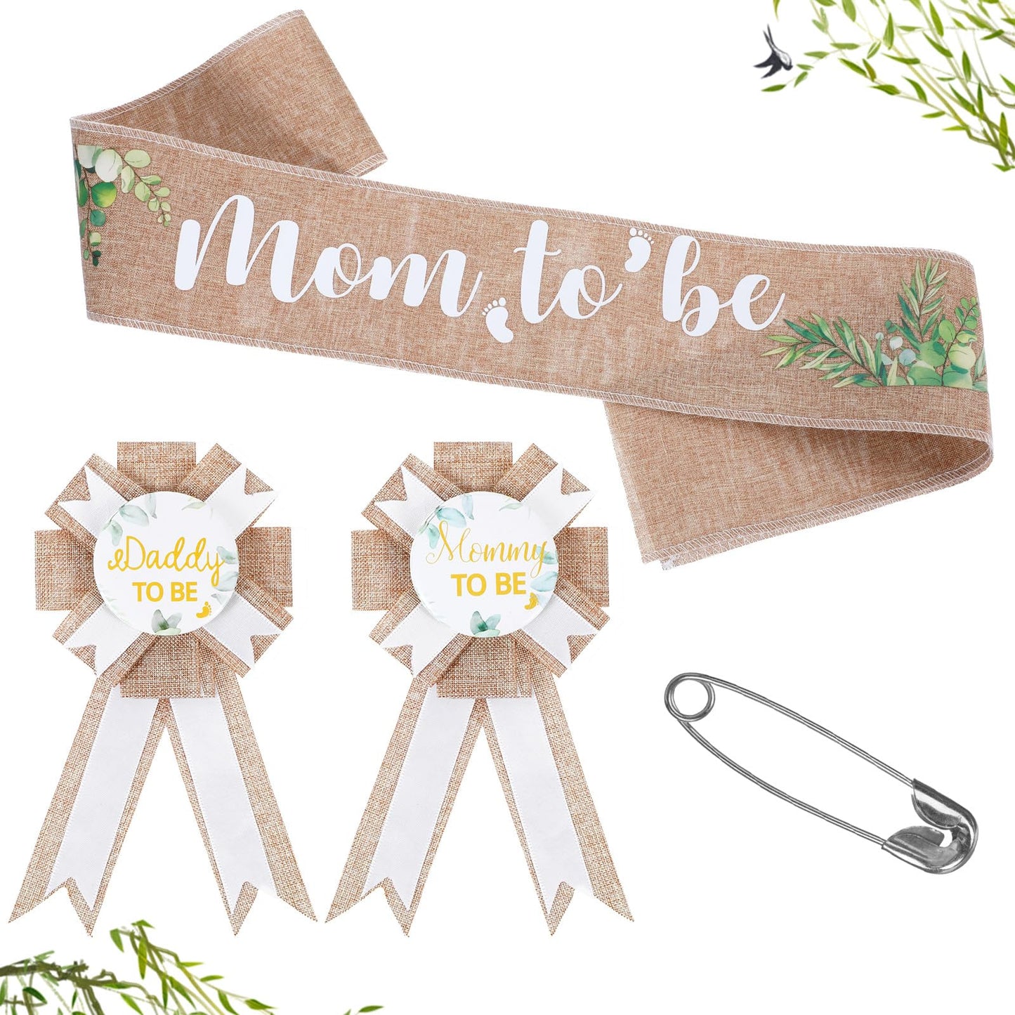 Baby Shower Decorations Neutral Gender Party Kits Flaxen Linen Leaves Design Mom to Be and Dad to Be Corsage Keepsake Natural Rustic Fabric Sash Badge Combo Pin Set for Pregnant Mommy Dress Gift