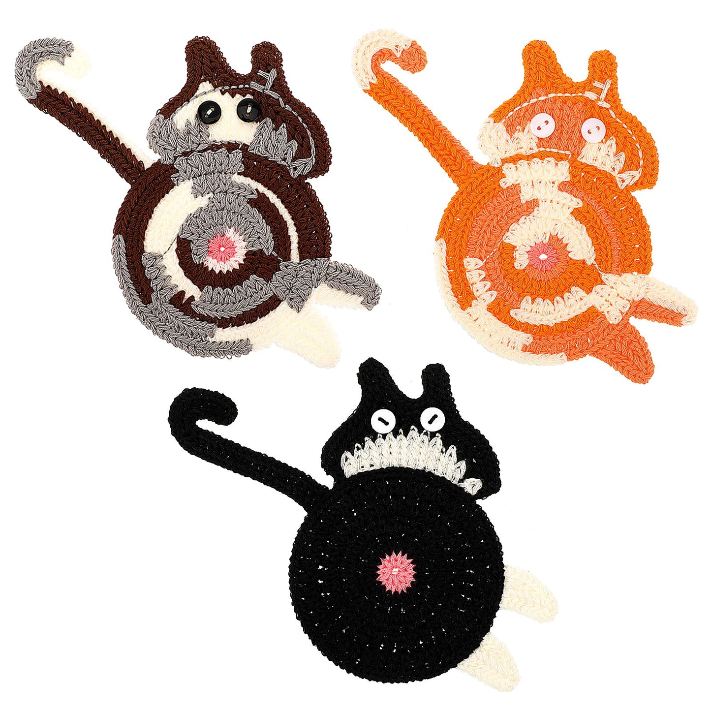 Dimeho 3 Pcs Cute Cat Coasters Crochet Insulation Cup Mat Creative Knitted Woven Funny Coasters Gift for Cat Lovers Office Home Desk Decoration Coffee Tea Heat-Resistant Desktop Table Protection