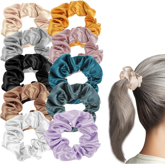 COMNICO 10 Pack Hair Scrunchies for Women Satin Elastic Hair Ties No Damage Ponytail Holder Soft Silk Colorful Oversized Thick Hair Bands for Women Teenage Girls Curly Neutral Scrubchy Hair Accessorie