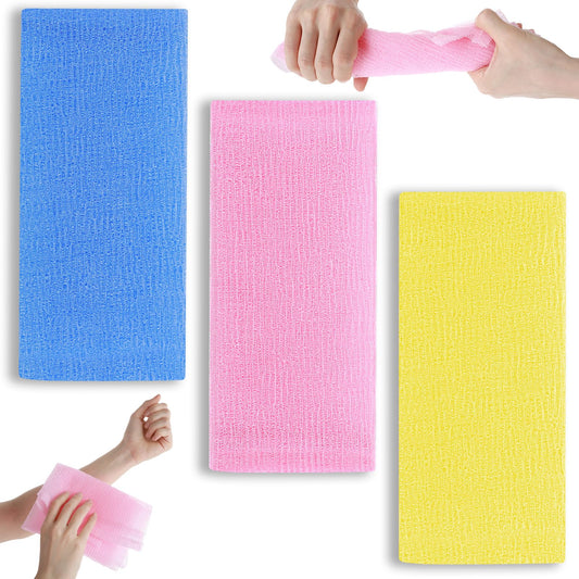 Wanmu 3 Pieces Exfoliating Washcloth, Back Scrubber for Shower, Exfoliating Body Scrubber, African Bath Sponge, African Net Long Net Sponge, Korean Loofah for Daily Use（ Pink, Yellow, Blue）