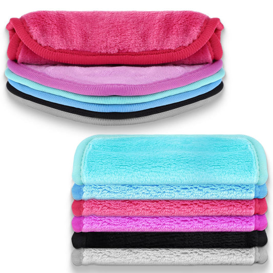Sibba 6 Packs Makeup Remover Face Towels, Reusable Microfiber Soft Skincare Cleaning Cloth for Face, Cosmetic Removal Facial Cloth for Daily Travel - Rose Black Green Blue Gray Light Purple