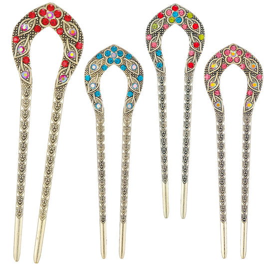 COMNICO 4 Pieces Hair Pins, Metal U-Shaped Hair Forks Vintage Updo Hair Sticks with Rhinestone 2 Prong Bun French Hairpins Hairstyle Chignon Accessories for Women Girls Fine Thick & Long Hair Styling