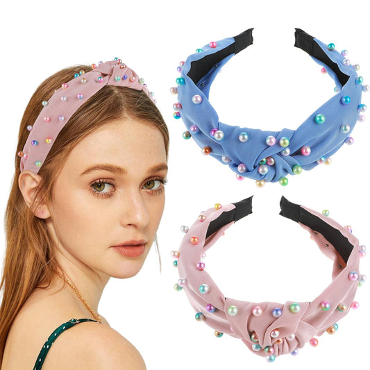 2 PCS Headbands for Women Pearl Knotted Turban Colorful Beaded Embellished Gem Hairbands Cross Knot Twisted Girl Hair Accessories Cute Easter Headbands for Daily Wear Dating Birthday Ceremony