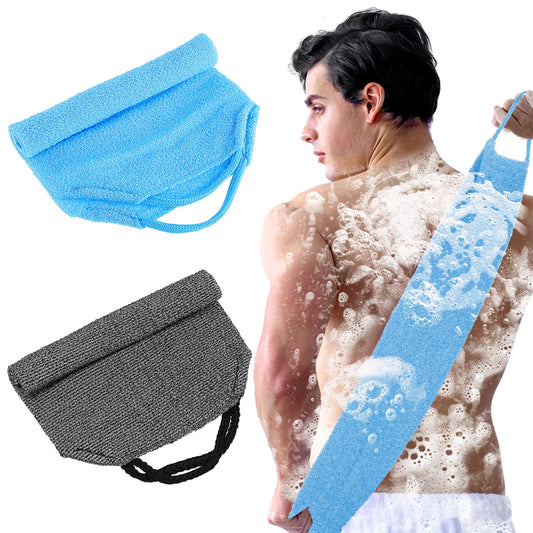 COMNICO 2pcs Exfoliating Back Scrubber Nylon Shower Bath Exfoliator Extended Length Body Scrub Towel Stretchable Pull Korean Washcloth Strap with Handles(Blue + Gray)