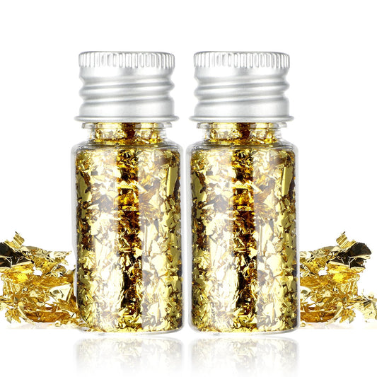 2 Bottles Metallic Foil Flakes Edible Glitter Gold Leaf Sheets Genuine Gold Leaf Paper Cake Decoration for Baking Cooking Dessert Cupcakes Chocolate Candies DIY Crafts Beautiful Supply