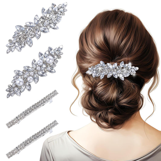Dimeho 4 Pcs Hair Barrettes for Women Silver Rhinestone Hair Clip Crystal Pearl Flower Hairpin Vintage Bridal Wedding Hairgrip French Hair Headwear Accessories for Girl Thin Thick Bridesmaid Prom