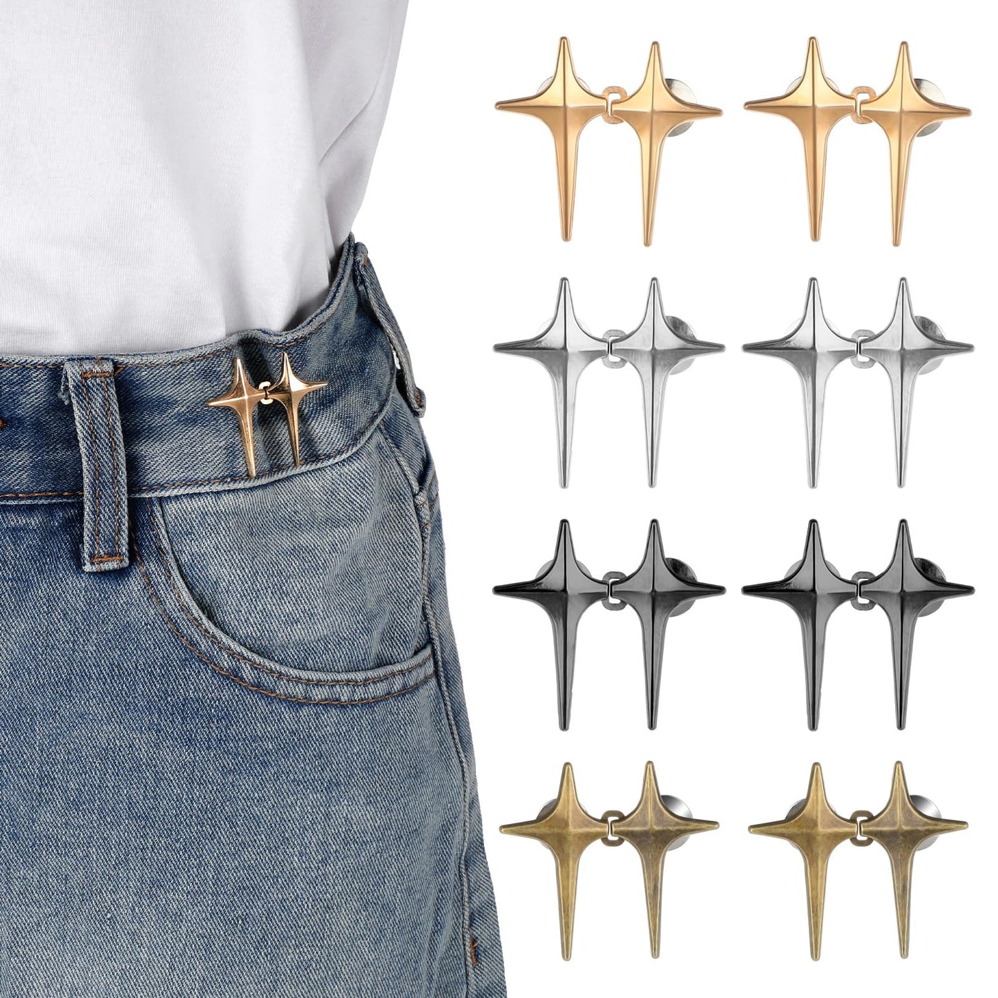 YUXIANLB 8 Pcs Adjustable Star Button Pant Waist Tightener No Sewing Detachable Required Buttons Reusable Metal Body Fit Tighten Buckles for Loose Jeans Clothing Skirts Dresses Accessories