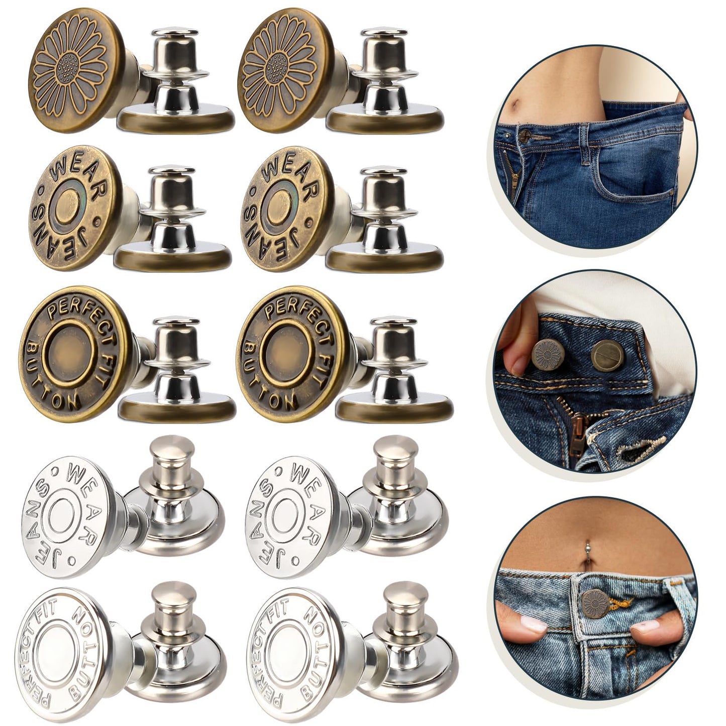 Dimeho 10Pcs Jean Buttons Pins for Loose Jeans, Pants Button Instant Button No Sew and No Tools Instant Jean Button Reusable and Adjustable Metal Pants Button for Jeans