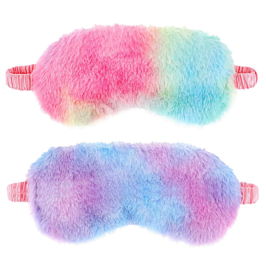 2 Pack Plush Sleeping Eye Mask Soft Plush Eye Mask Fluffy Eye Cover Comfortable Sleep Mask Blindfold Rainbow Faux Fur Eye Shade for Women, Men and Kids Travel Nap Sleeping