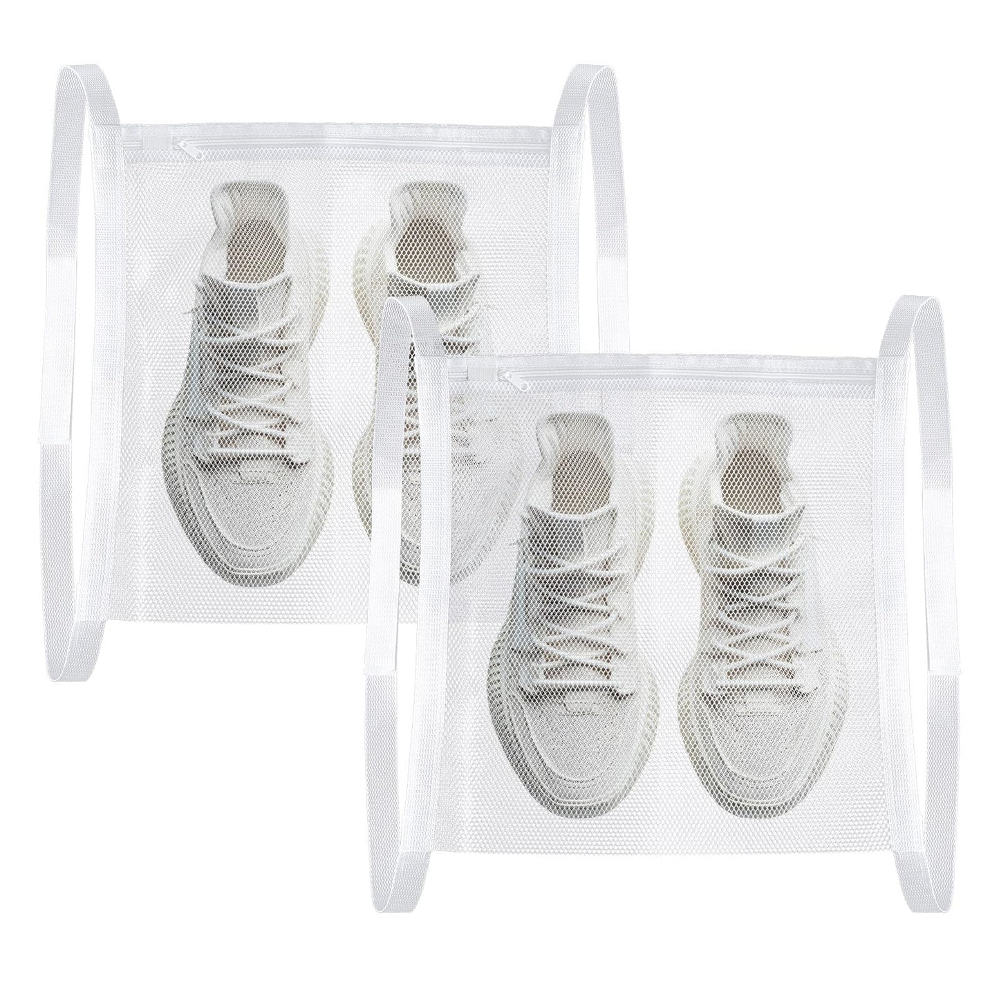 2 Pcs Mesh Laundry Bag, 15.7 x 15.7 Inch Large Honeycomber Mesh Bags Travel Storage Organize Bag, Reused Mesh Bags with Zipper and Strap for Shoes Clothing - White