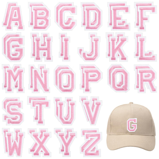 Sibba Iron-on Letters 52 Pcs Alphabet Patches - Adhesive Decorate & Repair Patches A-Z Embroidered Appliqué Sticky for Shirts, Jackets, Hats, Jeans, Bags (Pink)
