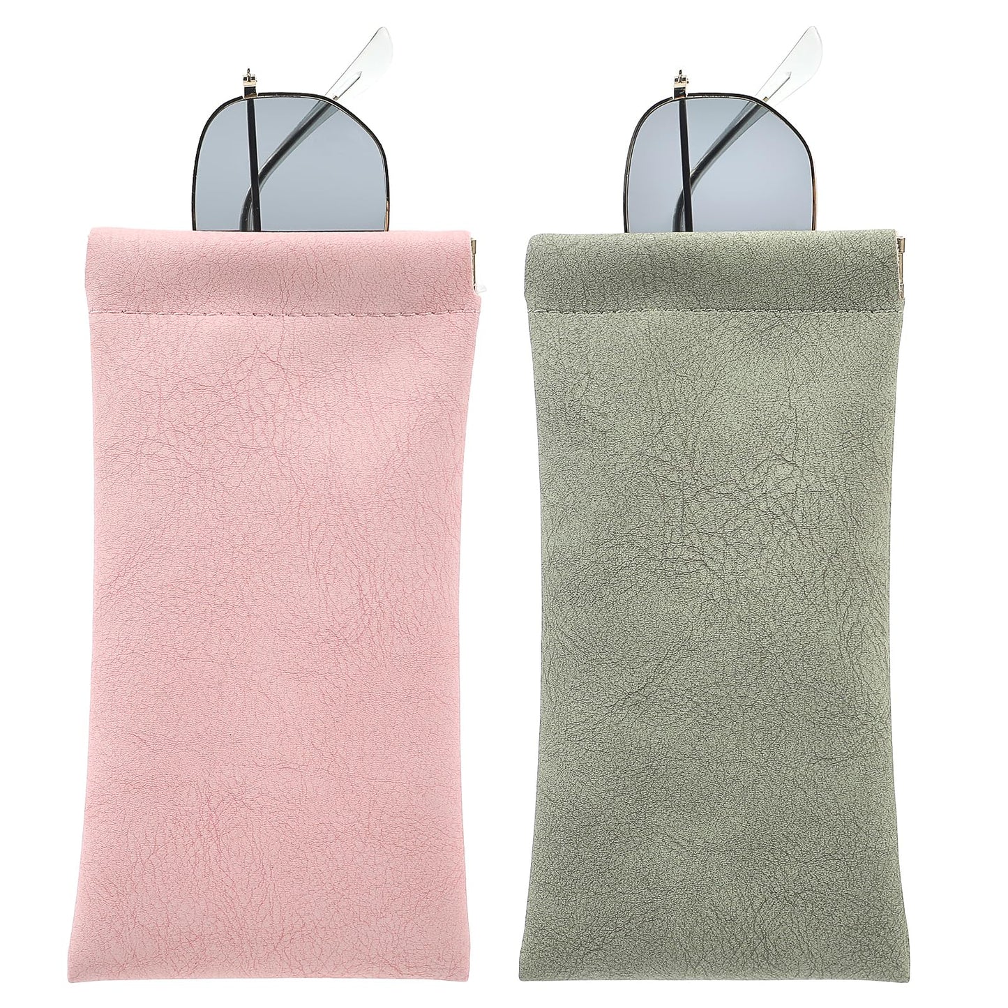 COMNICO 2 Pack Double Glasses Case Soft PU Leather Squeeze Top Sunglasses Pouch Portable Cute Slim Anti-Scratch Travel Large Eyeglass Organizer Bags For Women Men