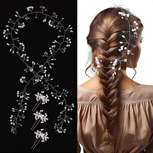 Bride Wedding Crystal Hair Vine, Extra Long Pearl and Crystal Beads Bride Head Piece Bridal Headpiece Hair Accessories for Women and Girls, Crystal Headbands for Wedding and Party