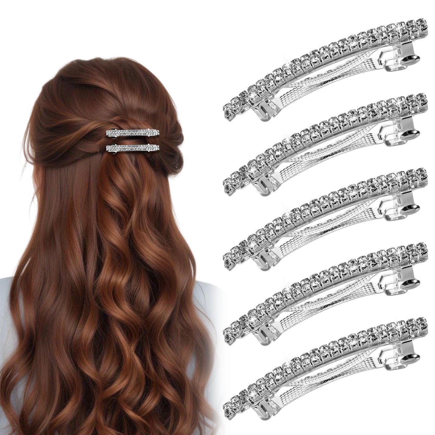 Wanmu Shiny Rhinestone Hair Clips for Women, 5 Pcs Silver Metal Hair Clips Spring Clips, Crystal Barrettes Ponytail Clips Side Clips, One-line Pearl Rhinestone Hair Barrettes for Women and Girls
