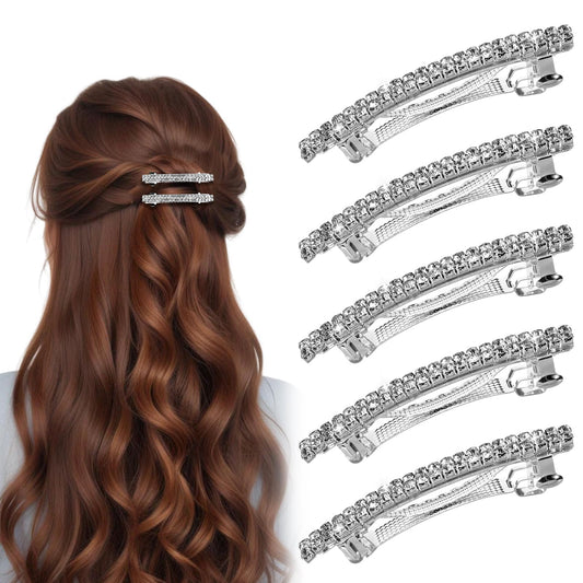 Wanmu Shiny Rhinestone Hair Clips for Women, 5 Pcs Silver Metal Hair Clips Spring Clips, Crystal Barrettes Ponytail Clips Side Clips, One-line Pearl Rhinestone Hair Barrettes for Women and Girls