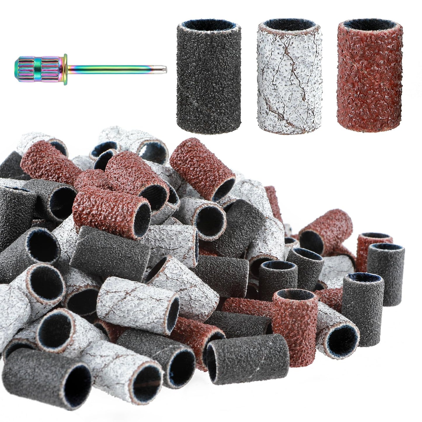 COMNICO 300 Pcs Nail Sanding Bands with 7mm Mandrel 80/120/180 Three Coarse Fine Grit Bit Professional Nail Manicure and Pedicure Nail File for Acrylic Gel Manicures Nail Drill Bits
