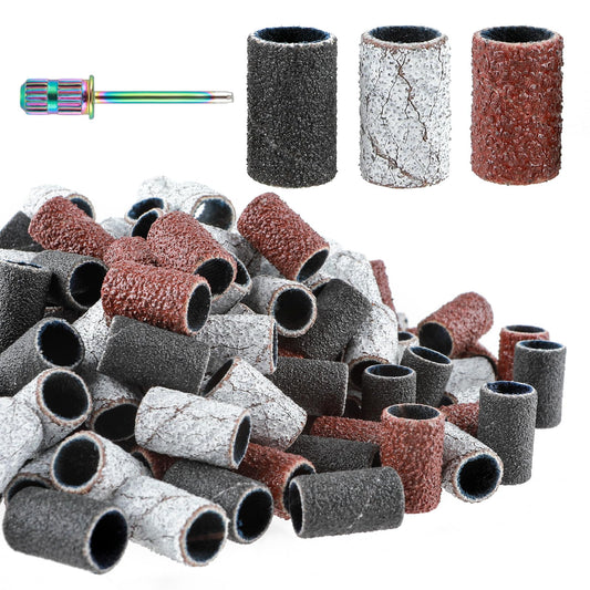 COMNICO 300 Pcs Nail Sanding Bands with 7mm Mandrel 80/120/180 Three Coarse Fine Grit Bit Professional Nail Manicure and Pedicure Nail File for Acrylic Gel Manicures Nail Drill Bits