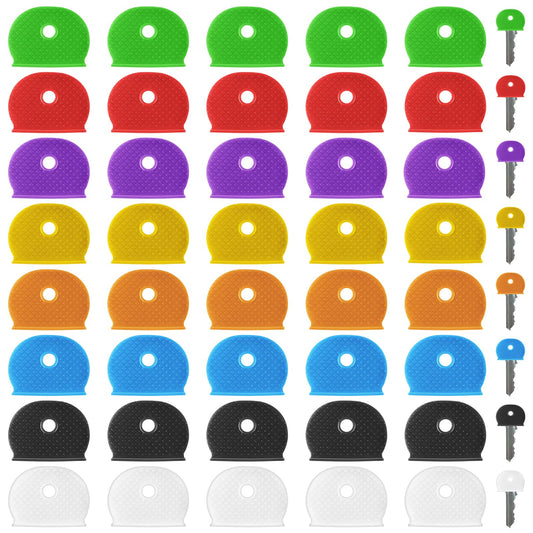 Wanmu 40Pcs Colorful Plastic Key Cap Tags, Key Color Caps Identifier Covers, Soft Rubber Key Identifiers, Plastic Key Toppers for Standard Flat House Keys, 8 Colors
