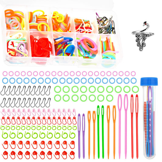 Dimeho 233Pcs Stitch Markers Crochet Knitting Stitch Markers for Knitting Stitch Rings Crochet Hooks Clips with Plastic Large Eye Blunt Sewing Needles Safety Crochet Locking Pin and Storage Box