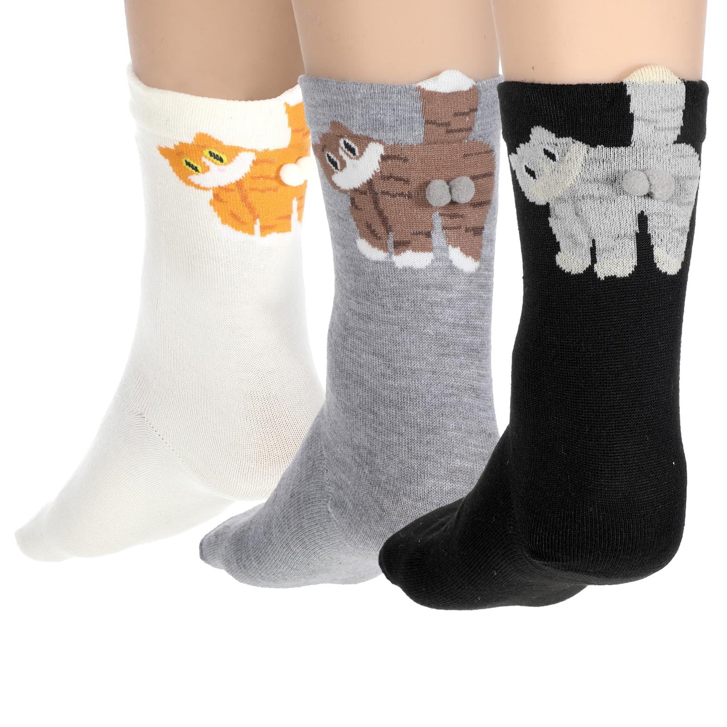 YBEATY 3 Pairs Cute Cat Socks with Balls 3D Comfortable Funny Womens Socks Novelty Cotton Animal Crew Sock for Women Halloween Christmas Birthday Home Office Cats Lovers