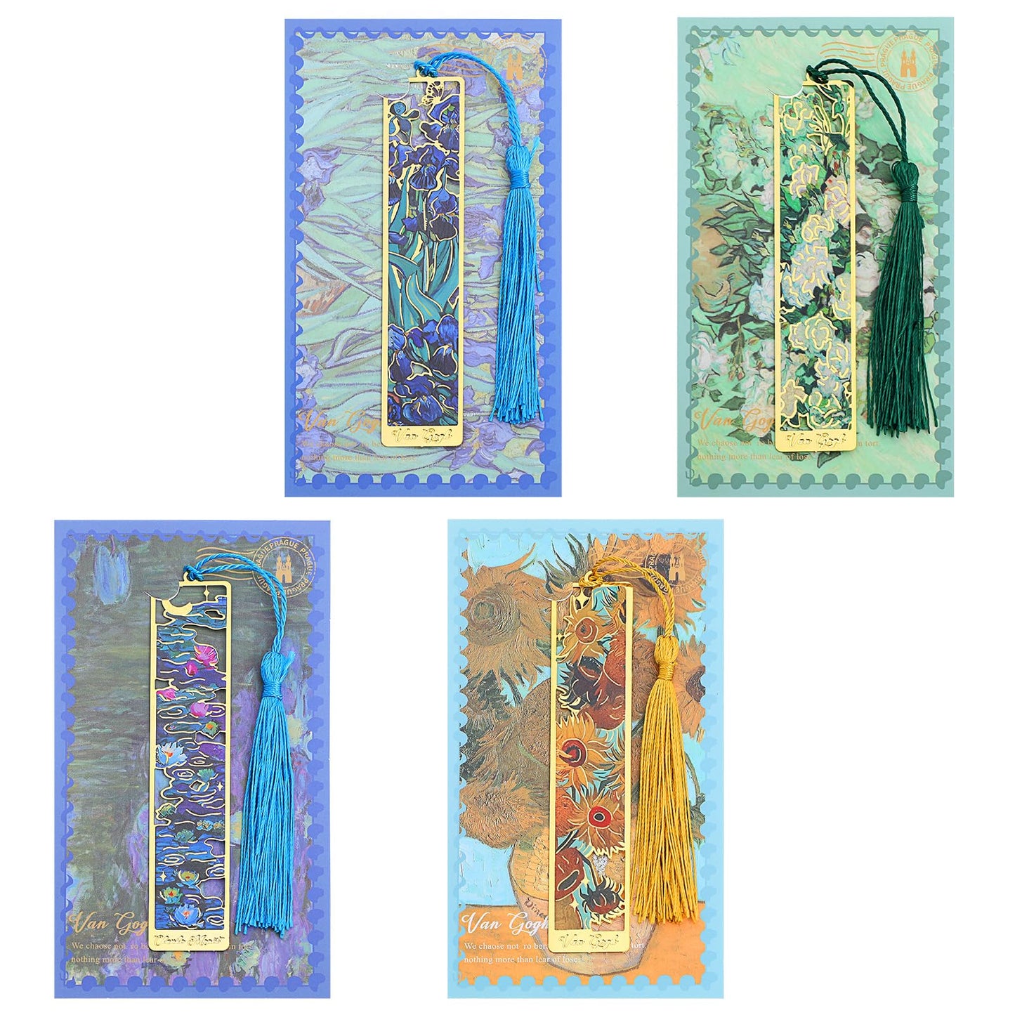 Wanmu 4Pieces Metal Bookmarks with Tassel, Metal Golden Hollow Bookmarks, Van Gogh Oil Painting Art Style for Reading Writers Readers Book Lovers Children Teens Men Women Adults