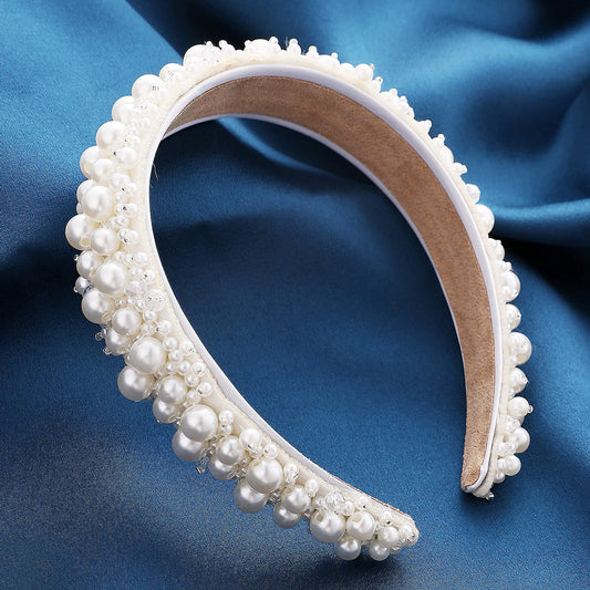 Sibba Headband Faux Pearl Diamond White Rhinestone Bridal Wedding Braided Beaded Headpiece Thick Wide Hairband Satin Bling Clips Halloween Christmas Hairstyle Accessories For Women Girls