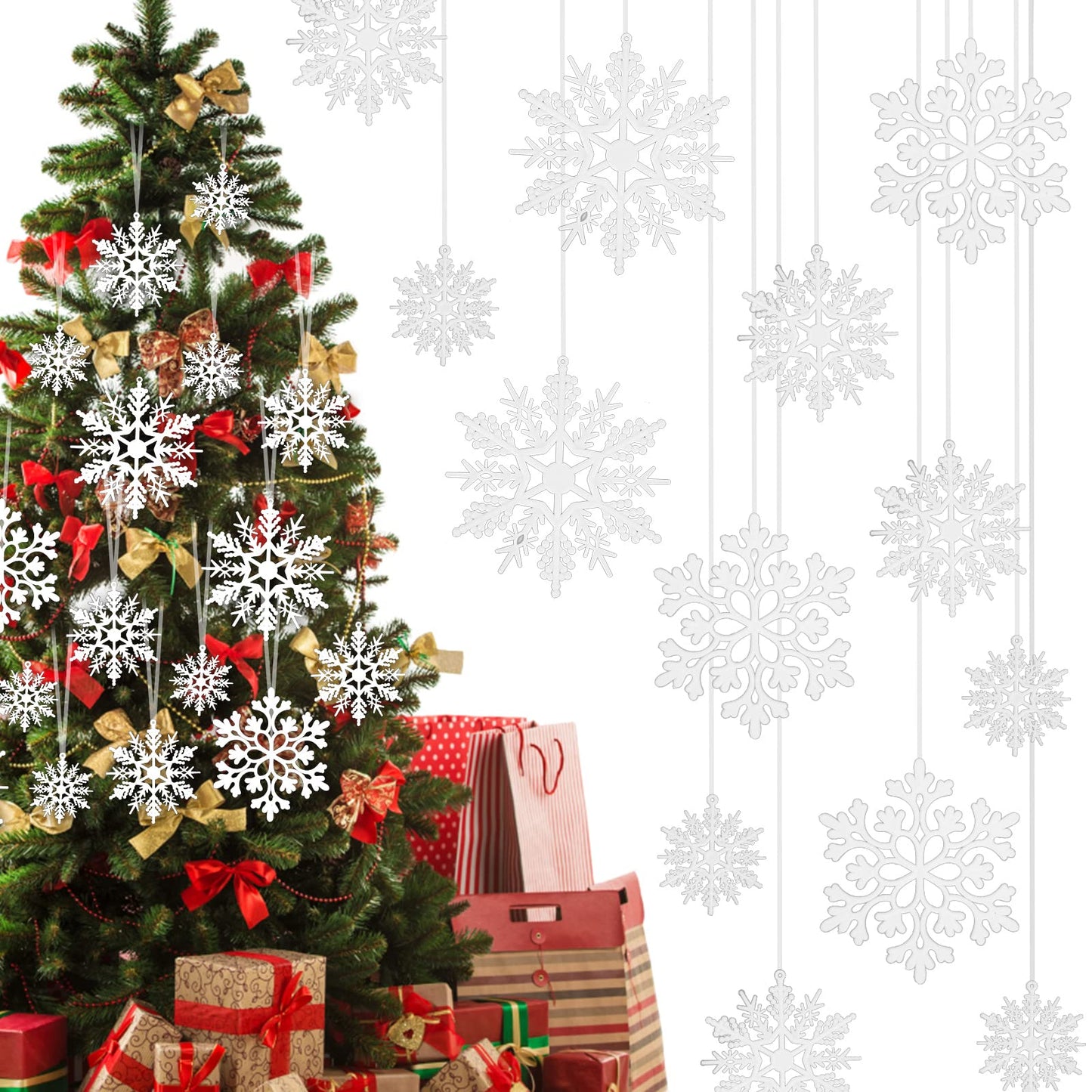 Sibba 36 Pcs Christmas Tree Snowflake Decoration Xmas Decor Hanging Ornaments White Snow Chains Strings School Home Kitchen Decorative Valentines Day Easter Festival Winter Wedding Birthday Party Gift