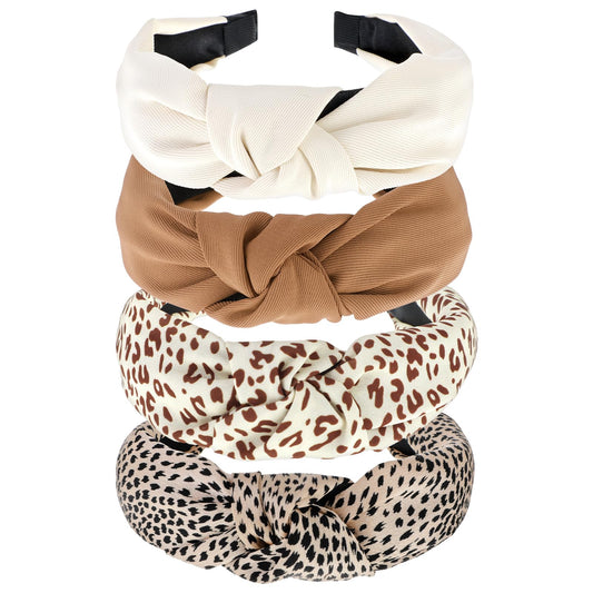 COMNICO Knotted Headbands for Women, 4Pcs Non-Slip Knotted Headbands with Leopard Print Wide Top Knot Hair Hoops Hair Accessories Set Fashion Women Headbands for Hair