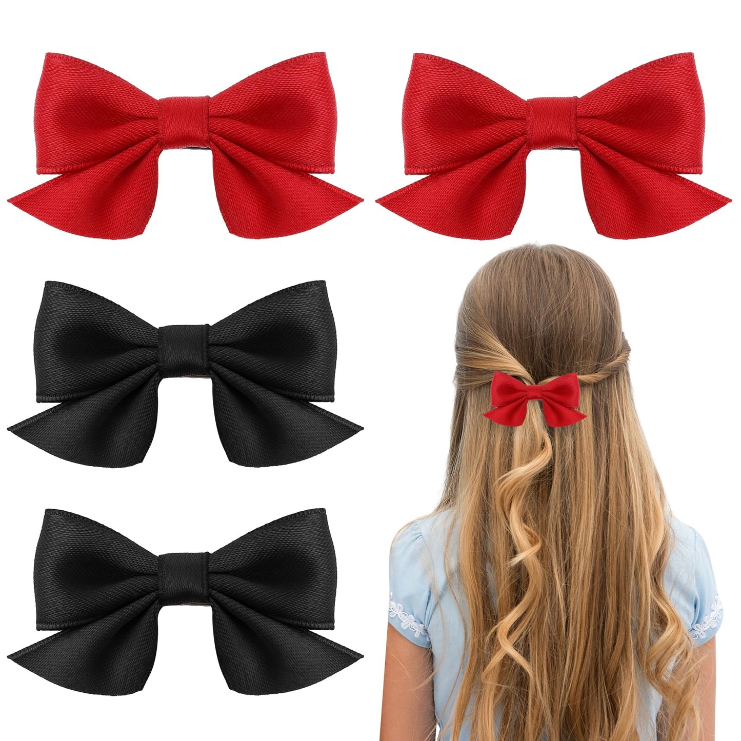 4 Pieces Bow Hair Clips, Non-Slip Hair Bows with Clip Closure, Fashion Girls Hair Accessories for Women and Girls (Red, Black)