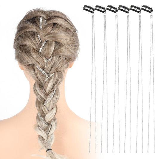 COMNICO Rhinestone Hair Chains, 6Pcs Rhinestone Hair Accessories Shiny Silver Crystal Hair Chain Pins Hair Extensions Pearl Hair Clip Rhinestone Hair Pins Hair Gems Tassel Hair Clips for Women Braids