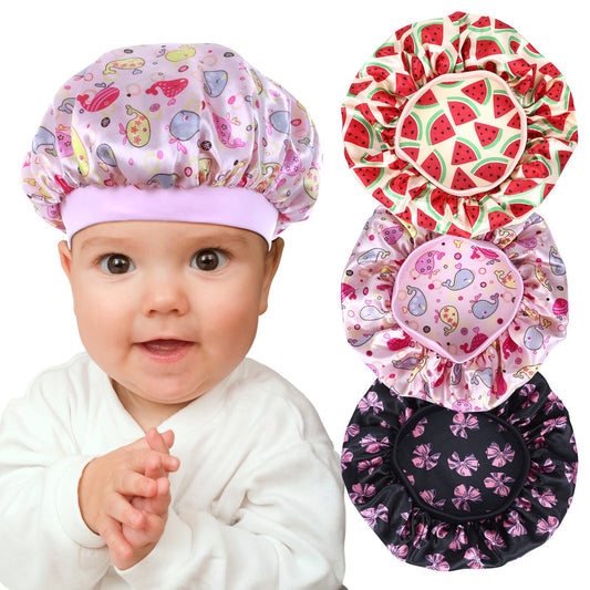 Sibba Satin Bonnet Sleeping Shower Cap 3 Packs Soft Silk Wide Band Turbans Multi-Colored Night Hats for Natural Hair Kids Toddler Child Baby Bathing Accessories