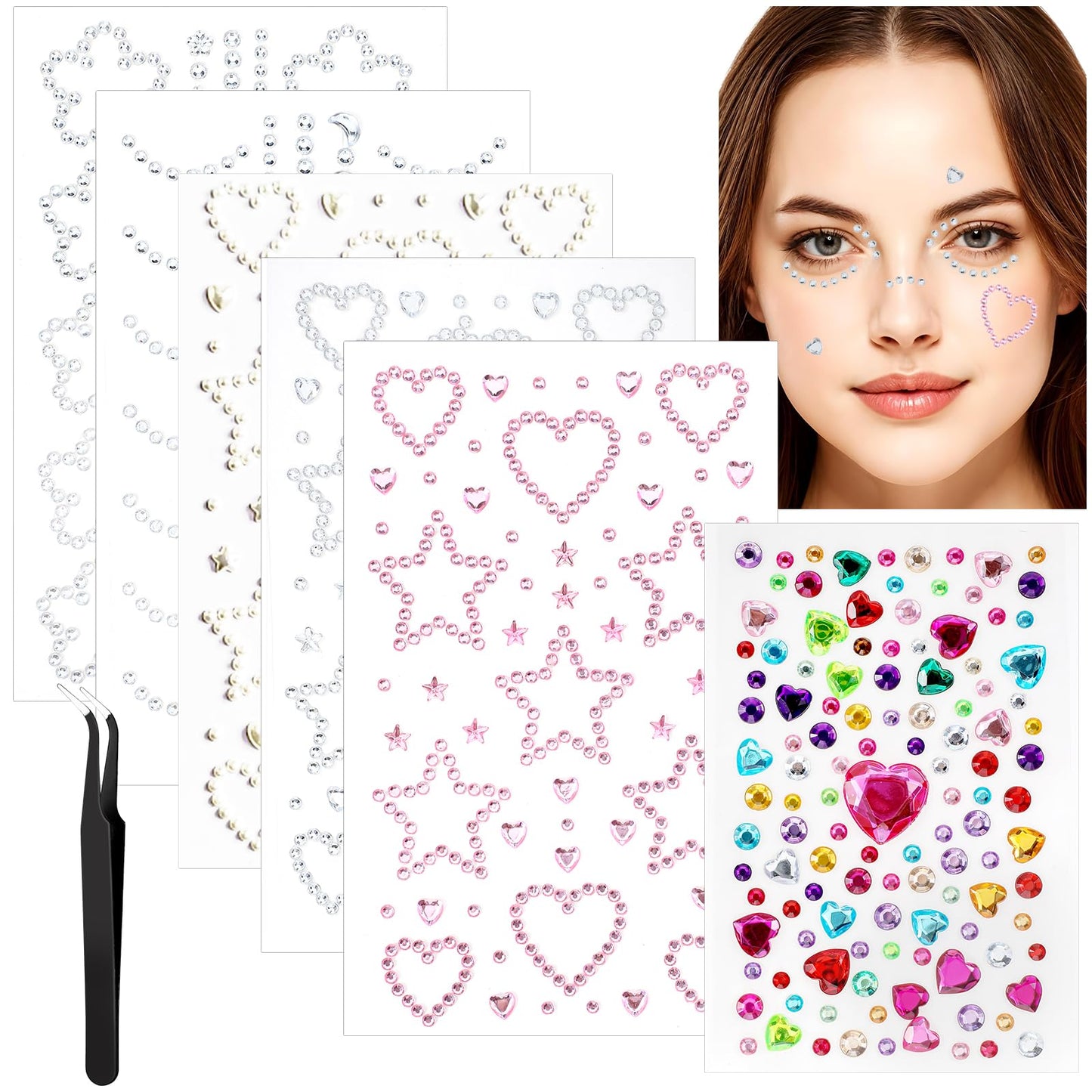 6 Sheets Face Diamonds Rhinestones for Children Rhinestone Tattoo Face Glitter Stones Gemstones Adhesive Glitter Stones for Crafts with Tweezers for Eyes Body Jewels