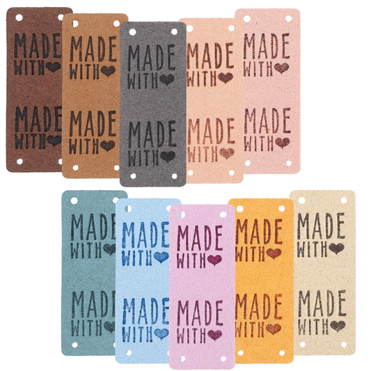 Wanmu Microfiber Leather Label, 50 Pcs Handmade Leather Tags, Leather Tags for Crochet Items, Handmade Embossed Tag for Jeans Bags Sewing Craft, Shoes, Hat