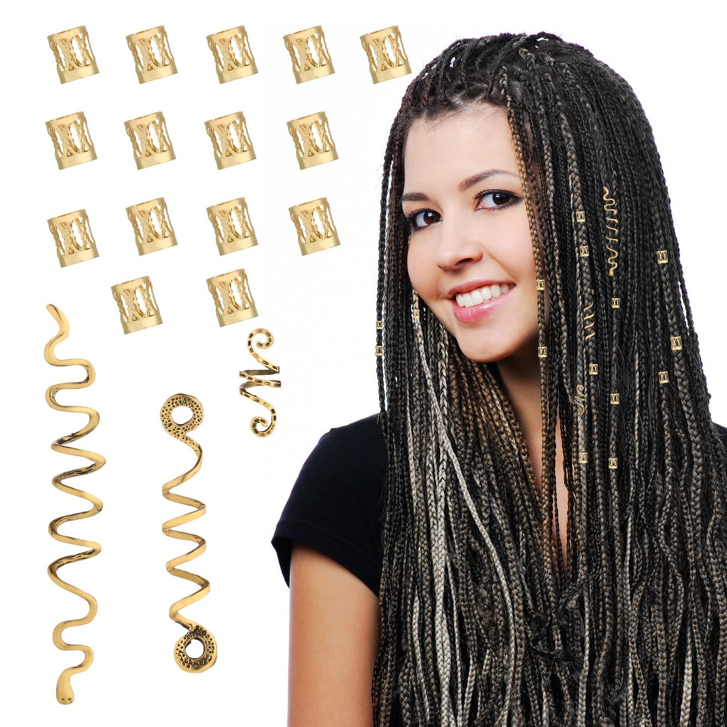 COMNICO 18 Pieces Gold Hair Accessories Loc Hair Jewelry for Women Braids Pirate Metal Dreadlocks Beads Rings Cuffs Snake Hair Charms Clips Hairstyle Decoration for Women Girls Rave Festival