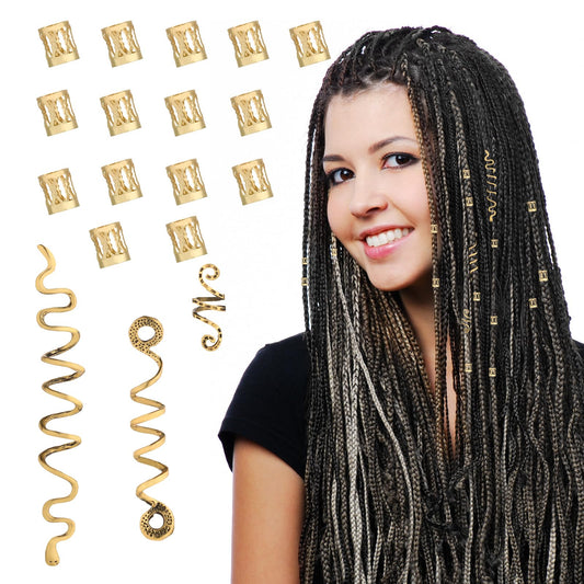 COMNICO 18 Pieces Gold Hair Accessories Loc Hair Jewelry for Women Braids Pirate Metal Dreadlocks Beads Rings Cuffs Snake Hair Charms Clips Hairstyle Decoration for Women Girls Rave Festival
