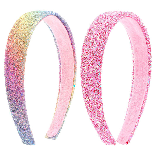 COMNICO 2 PCS Glitter Headbands for Girls, Cute Sparkly Wide Thick Head Bands Bling Non Slip Hairband Rainbow Sequin Little Girl Hair Accessories for Children Kids Women