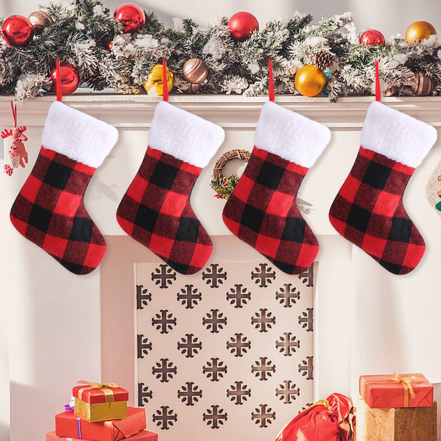 Sibba 4 Pack Christmas Stockings, Red Buffalo Plaid Xmas Stockings with Plush Cuff, Fireplace Hanging Xmas Stockings Decorations for Family Holiday Party Home Supplies