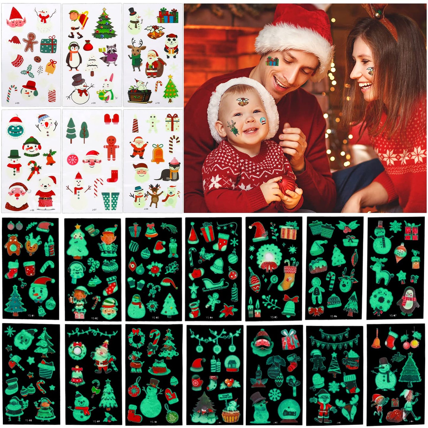 Sibba 242 Pcs Children's Christmas Luminous Tattoo Stickers Cute Cartoon 20 Sheets Kids Temporary Tattoo Xmas Gift or Decoration for Kids Adults