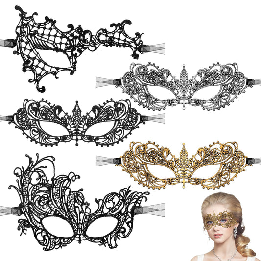 Sibba Half Face Costume Mask 5 PCS Masquerade Ball Gowns Couple Elegant Halloween Party Favors Venetian Dress Up Plastic Mardi Gras Set Lace Headpiece Wearers Women Male Women Adults Set