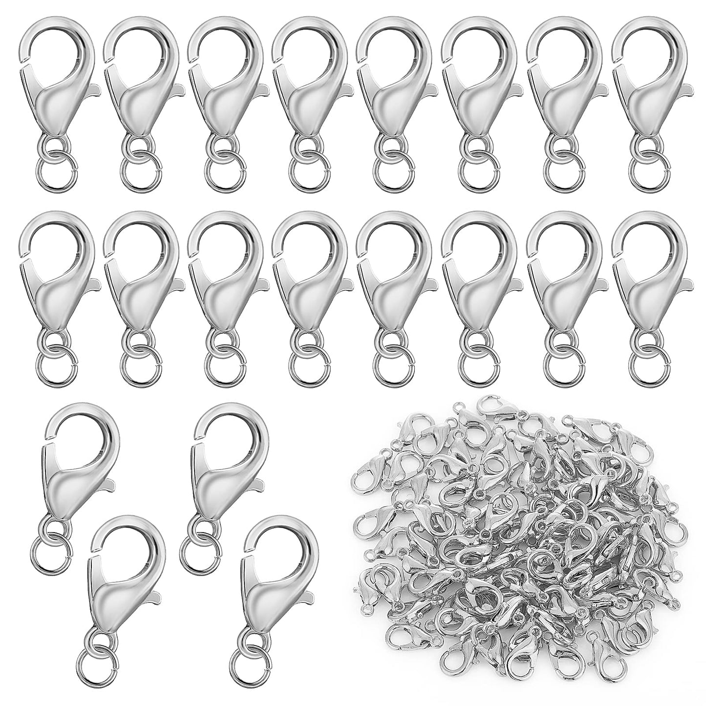 Sibba Curved 550Pcs Silver Lobster Clasp and Open Jump Ring Replacement Snap Hook for Jewellery Crafts Lanyard Clips DIY Choker Necklaces Bracelet Making Silver (Clasp: 12mm + Ring: 6mm)