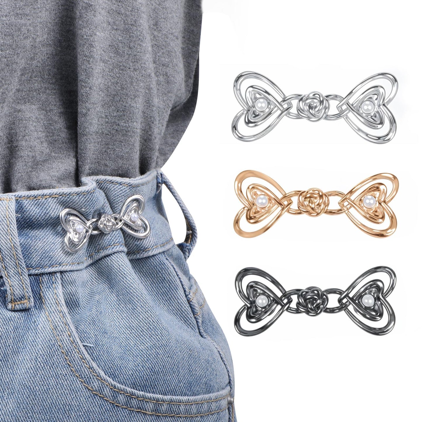 YBEATY 3 Sets Pants Waist Tightener Heart Shaped Jean Buttons Pins Reusable Adjustable Detachable Cincher Clips Instant No Sew Decoration Accessories for Loose Women Jeans Clothing Dresses Skirts