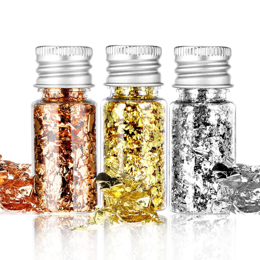 2Pcs Imitation Gold Foil Flakes Cake Glitter Gold Leaf Sheets Nail Art Gold Foil Flakes Gold Leaf Paper Baking Decoration for Cooking Dessert Cupcakes Chocolate (Gold+Silver+Rose Gold)
