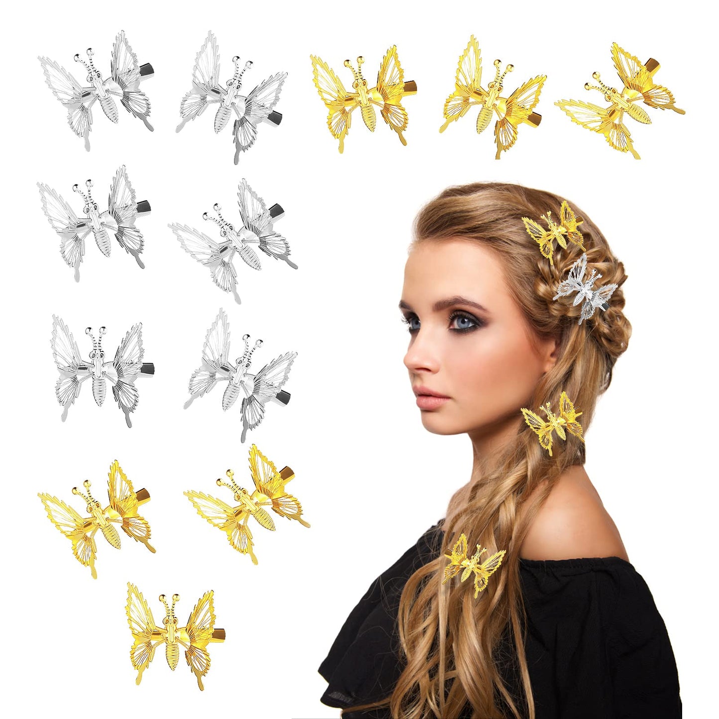 Sibba 12 Pieces Hair Barrettes 90s Styling Accessories 3D Cute Clips Pins Gold Silver Metal Moving Butterfly Small Claw Tiny Clip Wedding For Women and Girls