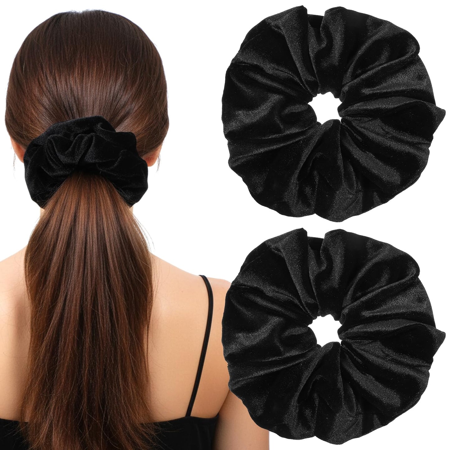 Qianyu Pack of 2 Large Hair Bobbles for Women, Black Soft Scrunchies, Velvet Elastic Ponytail Holder, Fashionable Hair Accessories, Hair Bands for Thick, Thin, Curly, Fine Hair, Carnival