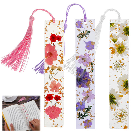 Sibba Bookmark Aesthetic Book Page Reading Holder Accessories 3 PCS Transparent Marks Resin Flower Markers Tassel Handmade Press Pressed Floral Beautiful Birth Gift for Girls Teachers