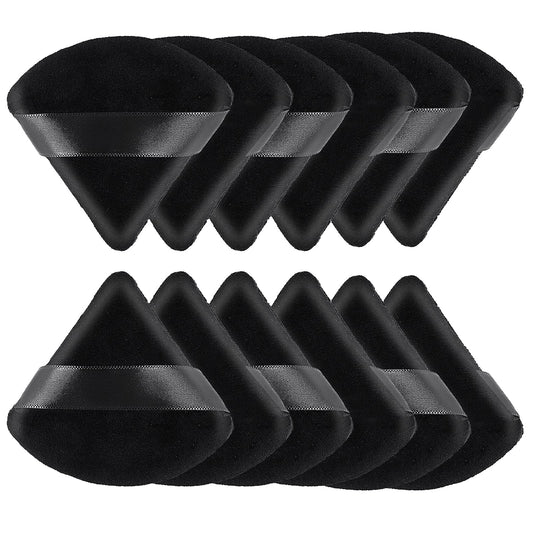 Sibba 12Pcs Powder Puff Triangle Shape Face Makeup Puff for Loose Powder Foundation Soft Cosmetic Sponge Wet and Dry Powder Puff Pads Large Body Cotton Powder Cushion Puffs (Black)