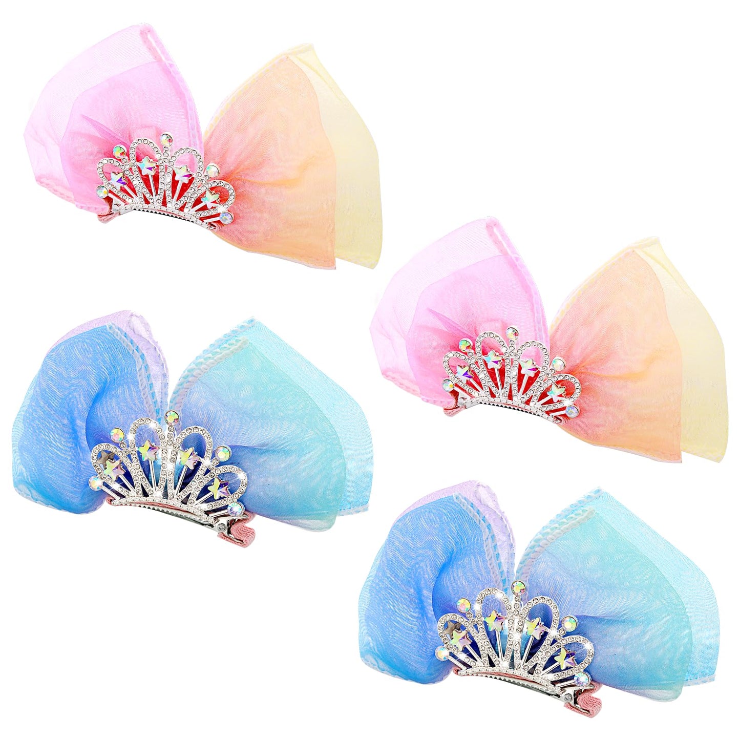 4Pcs Diamond Crown Hair Pin Bow Hair Clip Princess Headband Ribbon Metal Snap Sparkly Tiara Gradient Rhinestone Side Hair Barrette Mini Headdress Styling Accessories for Halloween Christmas Party