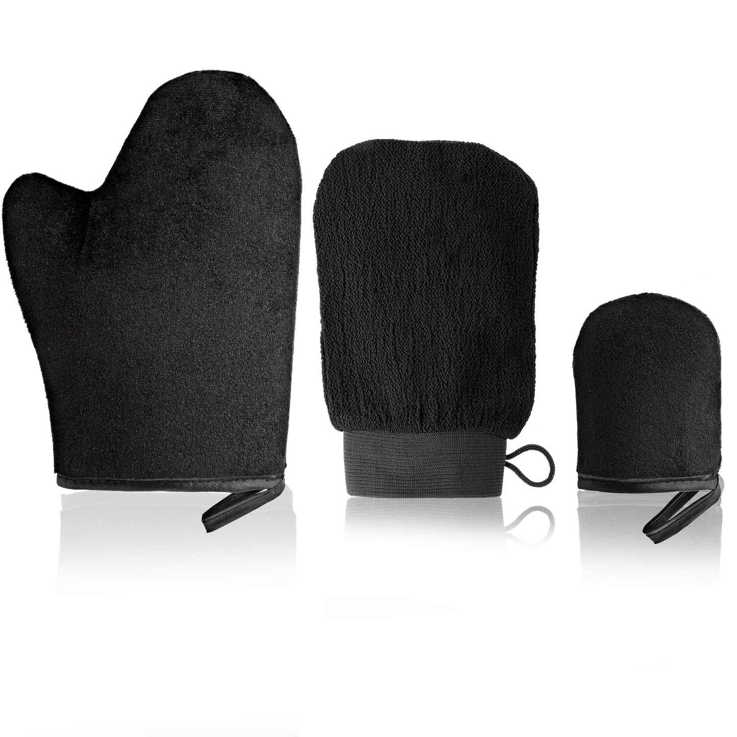 COMNICO 3PCS Self-Tanning Tan Mitt Set Exfoliating Gloves Face Tanner Mitts Back and Body Self Tanner Glove Applicator with Thumb for the Perfect Fake Tan