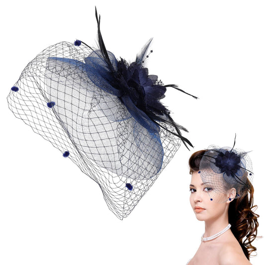 Sibba Fascinator Hat Flower Pillbox Hat Tea Party Clip Headpiece Cocktail Mesh Feathers Headband Hair Accessories for Party Church Wedding(Blue)