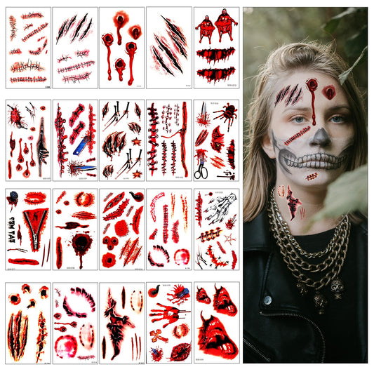 Sibba Temporary Tattoo Stickers 20 PCS Halloween Makeup Costume Face Shadows Props Kit Realistic 3d Fake Scars Cut Bloody Arm Head Make Up Cosplay Funny Party